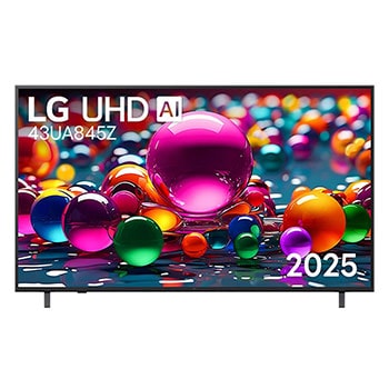 มุมมองด้านหน้าของทีวี UHD UA84 โลโก้ LG UHD Al ที่มุมบน ทีวี LG UHD แสดงพื้นผิวสีสดใสที่รวมกัน  43ua845zpsa