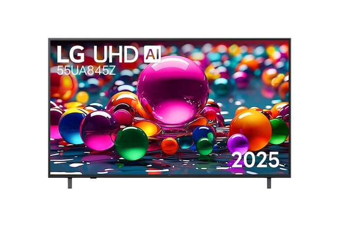 มุมมองด้านหน้าของทีวี UHD UA75 โลโก้ LG UHD Al ที่มุมบน ทีวี LG UHD แสดงพื้นผิวสีสดใสที่รวมกัน 55ua845zpsa