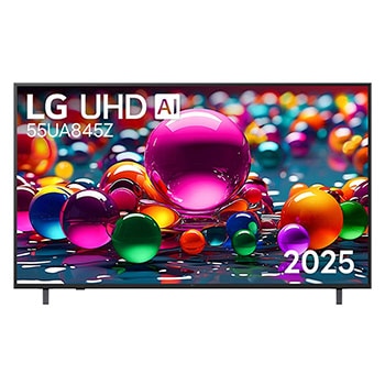 มุมมองด้านหน้าของทีวี UHD UA75 โลโก้ LG UHD Al ที่มุมบน ทีวี LG UHD แสดงพื้นผิวสีสดใสที่รวมกัน  55ua845zpsa