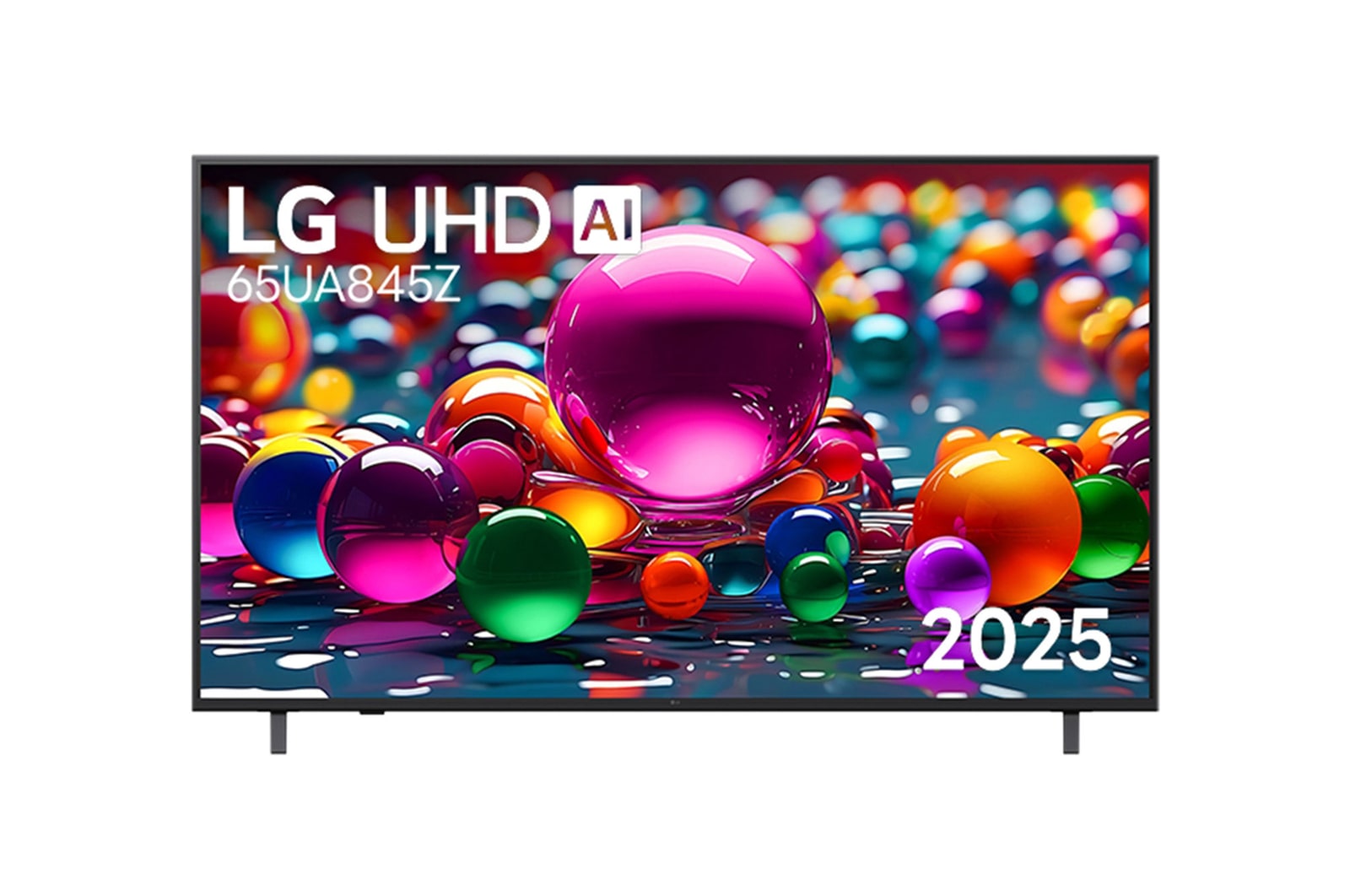 มุมมองด้านหน้าของทีวี UHD UA75 โลโก้ LG UHD Al ที่มุมบน ทีวี LG UHD แสดงพื้นผิวสีสดใสที่รวมกัน 65ua845zpsa