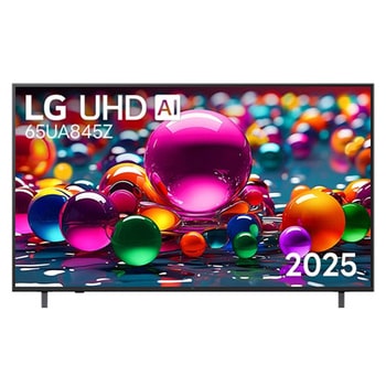 มุมมองด้านหน้าของทีวี UHD UA75 โลโก้ LG UHD Al ที่มุมบน ทีวี LG UHD แสดงพื้นผิวสีสดใสที่รวมกัน 65ua845zpsa