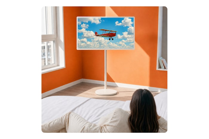 LG StanbyME 2 Max LX6 Movable Screen is placed in a bright room with orange walls beside a window, displaying a red airplane flying across a blue sky, highlighting vivid screen content and flexible placement for relaxed viewing.