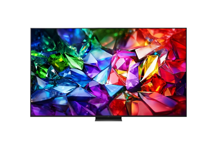 The front view of LG Micro RGB evo AI MRGB95, released in 2026, displays a vivid, crystalline image of sharply defined red, green, and blue facets, featuring 100-inch display, webOS, RGB Primary Color Ultra, and the α11 AI Processor 4K Gen3.