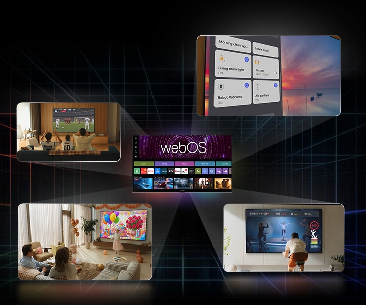 LG AI TV แสดงหน้าจอหลัก webOS อยู่ตรงกลางของฉากความบันเทิงหลากหลายรูปแบบ ทั้งการรับชมฟุตบอลสด การควบคุมสมาร์ทโฮม คอนเทนต์ภาพที่สร้างด้วย AI และการออกกำลังกายที่บ้านแบบอินเทอร์แอคทีฟซึ่งแสดงผ่านหน้าจอทีวีต่าง ๆ.