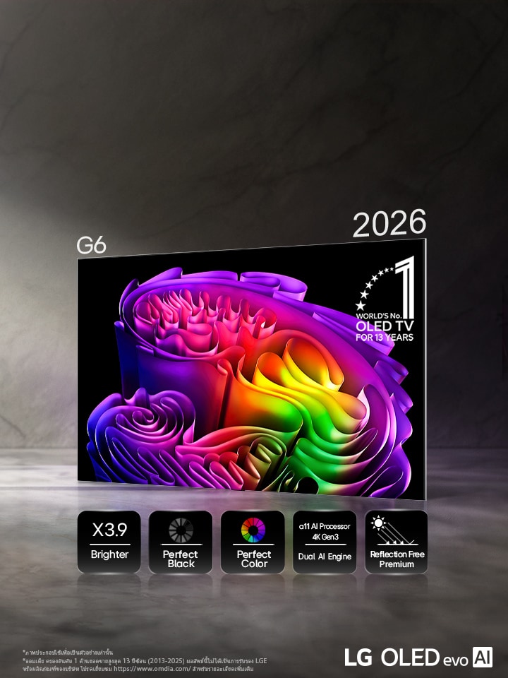 LG OLED evo AI G6 ขับเคลื่อนด้วยเทคโนโลยี Hyper Radiant Color Tech แสดงภาพศิลปะนามธรรมบนกระดาษที่สดใสบนหน้าจอ พร้อมไอคอนสำหรับความสว่างสูงสุด X3.9 Brighter, Perfect Black, Perfect Color, α11 AI Processor 4K Gen3 Dual AI Engine และ Reflection Free Premium