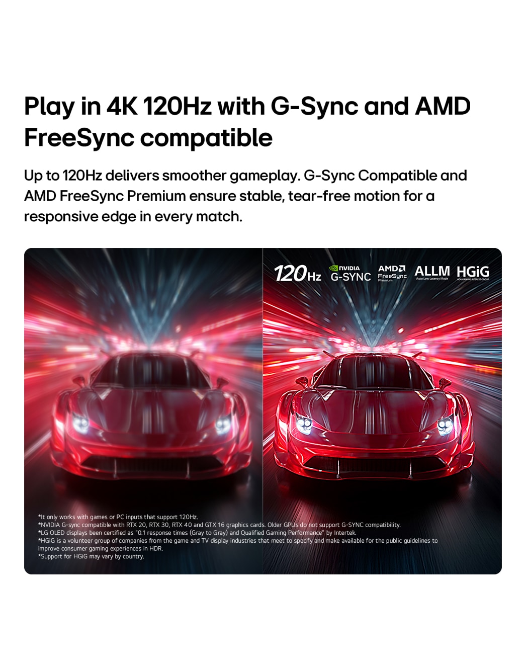 LG OLED AI B6E compares 144Hz vs 60Hz in a motorcycle racing game, showing the 144Hz panel as ultra-smooth and tear-free. NVIDIA G-SYNC and AMD FreeSync Premium logos appear at top left.