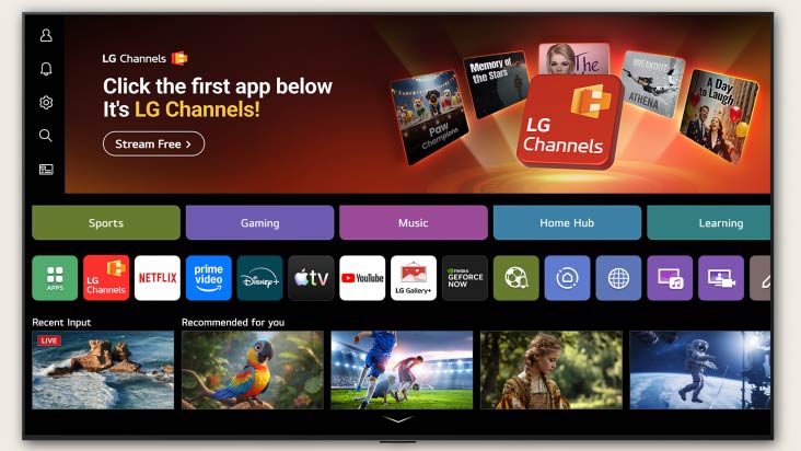 LG OLED evo AI C6 home screen navigates into the LG Channels interface, showcasing free live TV channels, movies, and exclusive content. The video highlights direct access to hundreds of entertainment options.	