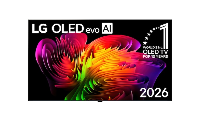 มุมมองด้านหน้าของ LG OLED evo AI W6 Wallpaper TV ที่เปิดตัวในปี 2026 มีดีไซน์ Wallpaper ที่เรียบง่าย ในขณะที่องค์ประกอบเชิงนามธรรมแบบไดนามิกของการไล่ระดับสีคลื่นหลายสีสันสวยสดไหลผ่านหน้าจออย่างราบรื่น