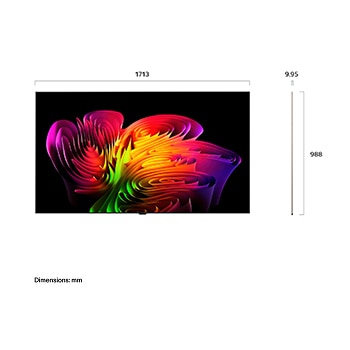 ทีวี LG OLED evo AI W6 Wallpaper แสดงในมุมมองด้านหน้าและด้านข้าง เน้นจอแสดงผลขนาด 77 นิ้ว พร้อมหน้าจอที่กว้าง 1713 มม. สูงรวม 988 มม. และหนาเพียง 9.95 มม. โดยไม่รวมขาตั้ง