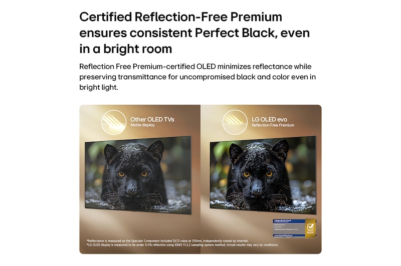 LG OLED evo AI W6 Wallpaper TV พร้อมเทคโนโลยี Reflection Free Premium แสดงการเปรียบเทียบแบบข้างเคียงกับหน้าจอด้านกันแสงสะท้อน รักษาภาพเสือดำให้ชัดเจนด้วยสีดำลึกและรายละเอียดเนื้อผิวที่ประณีต โดยเฉพาะในสภาพแวดล้อมที่สว่าง พร้อมแสดงเครื่องหมายการรับรองจาก Intertek