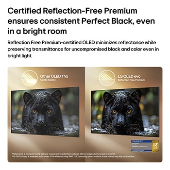 LG OLED evo AI W6 Wallpaper TV พร้อมเทคโนโลยี Reflection Free Premium แสดงการเปรียบเทียบแบบข้างเคียงกับหน้าจอด้านกันแสงสะท้อน รักษาภาพเสือดำให้ชัดเจนด้วยสีดำลึกและรายละเอียดเนื้อผิวที่ประณีต โดยเฉพาะในสภาพแวดล้อมที่สว่าง พร้อมแสดงเครื่องหมายการรับรองจาก Intertek
