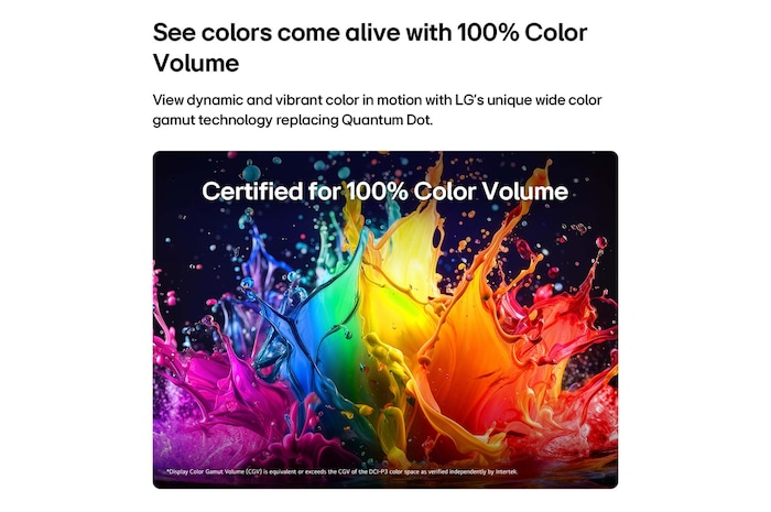 LG QNED evo AI QNED86 Mini LED with Dynamic QNED Color Pro fills the screen with vivid, fluid bursts of multicolored, paint-like motion, showcasing enhanced color vibrancy certified for 100% Color Volume.