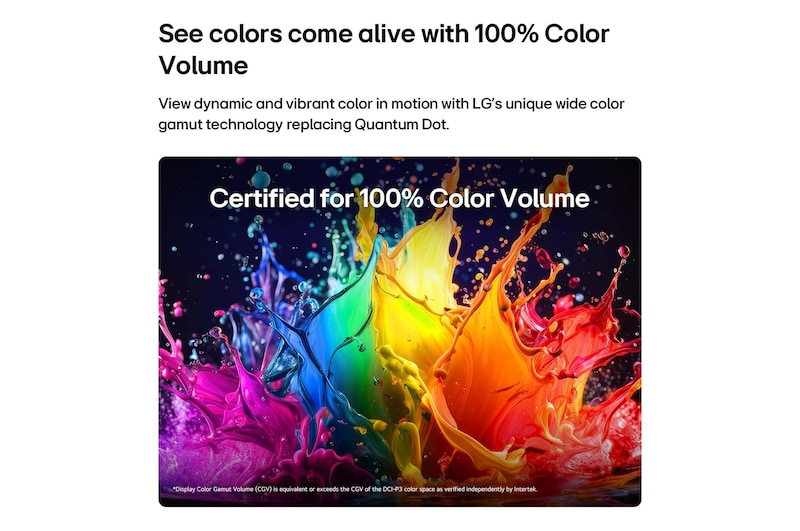 LG QNED evo AI QNED86 Mini LED with Dynamic QNED Color Pro fills the screen with vivid, fluid bursts of multicolored, paint-like motion, showcasing enhanced color vibrancy certified for 100% Color Volume.
