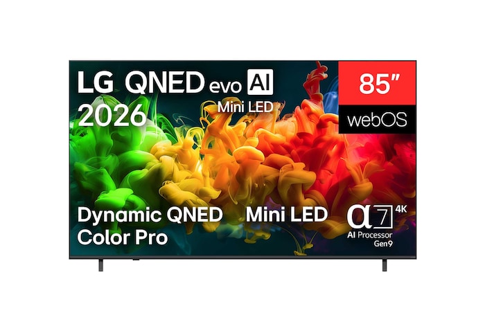 มุมมองด้านหน้าของ LG QNED evo AI QNED80 Mini LED ที่เปิดตัวในปี 2026 แสดงภาพการเคลื่อนไหวสีสันสดใสและลื่นไหลบนหน้าจอ มาพร้อม Dynamic QNED Color Pro, Mini LED, โปรเซสเซอร์ alpha 7 AI 4K Gen9, webOS และหน้าจอขนาด 85 นิ้ว