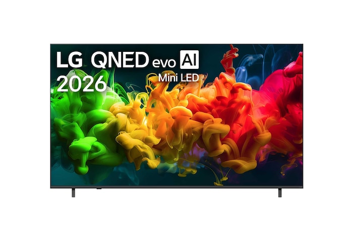 มุมมองด้านหน้าของ LG QNED evo AI QNED80 Mini LED ที่เปิดตัวในปี 2026 เต็มหน้าจอด้วยการไหลของสีหลายสีเหมือนสีทา ที่สดใสและราบรื่น โดยมีสีสันชั้นลึกกระจายอย่างเรียบเนียนทั่วทั้งจอแสดงผล