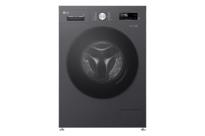 มุมมองด้านหน้าของเครื่องซักผ้าฝาหน้า ความจุ 9 กก รุ่น FB1209S5M สีดำ ระบบ Inverter Direct Drive