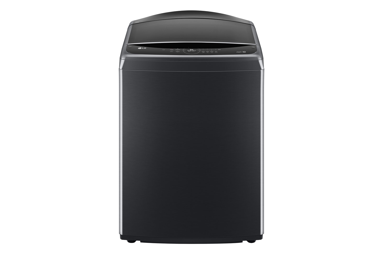 มุมกดด้านหน้าของเครื่องซักผ้าฝาบน LG TV2723SV9B สีดำ ตัวเครื่องมีแผงปุ่มควบคุมที่ด้านบน ใกล้ที่เปิดฝา