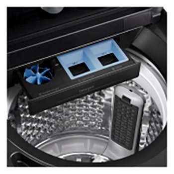 Top loading washing machine with lid in motion, showing soft closing door function.