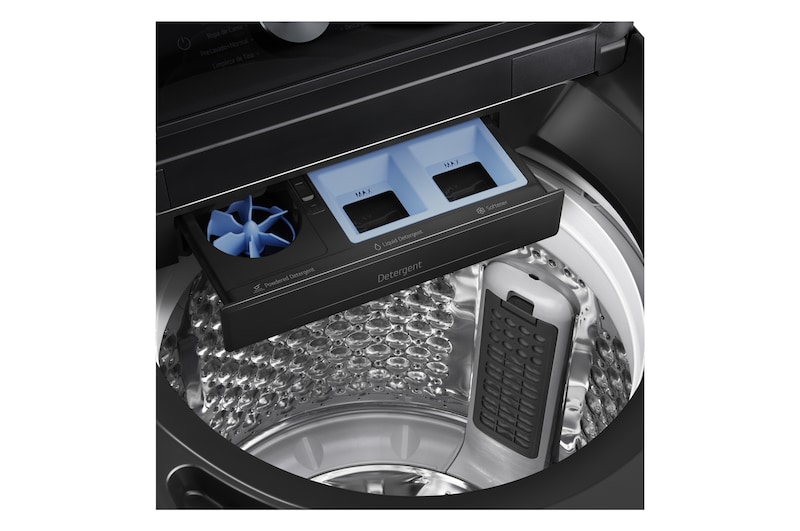 Top loading washing machine with lid in motion, showing soft closing door function.