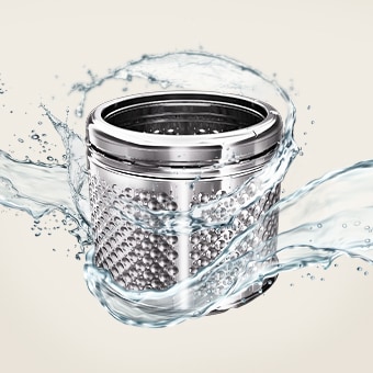 Washing drum with water splashes, showing tub cleaning.