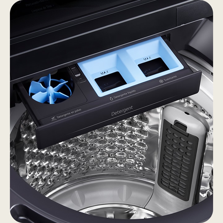 Glowing fan in Turbo-Jet dispenser with light sweep, showing efficient powder detergent dissolving