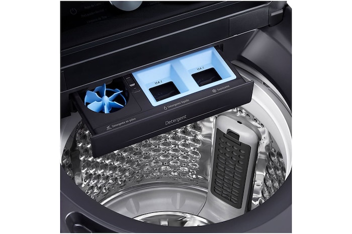 Top loading washing machine with lid in motion, showing soft closing door function.