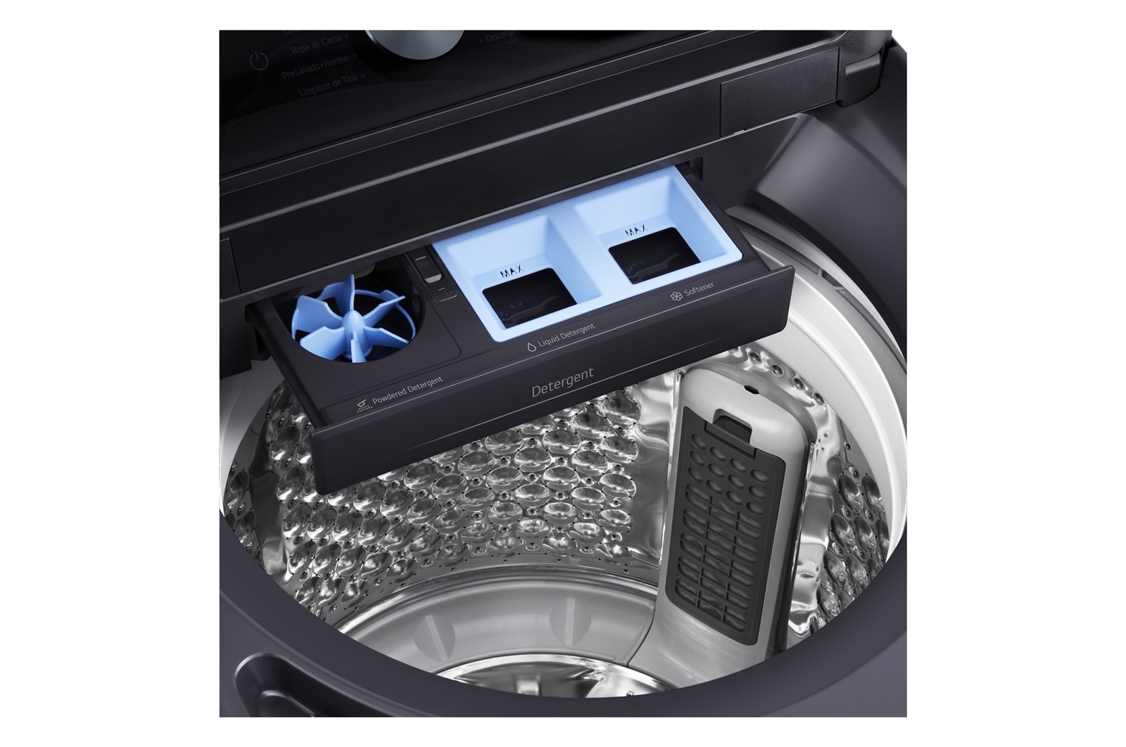 Top loading washing machine with lid in motion, showing soft closing door function.