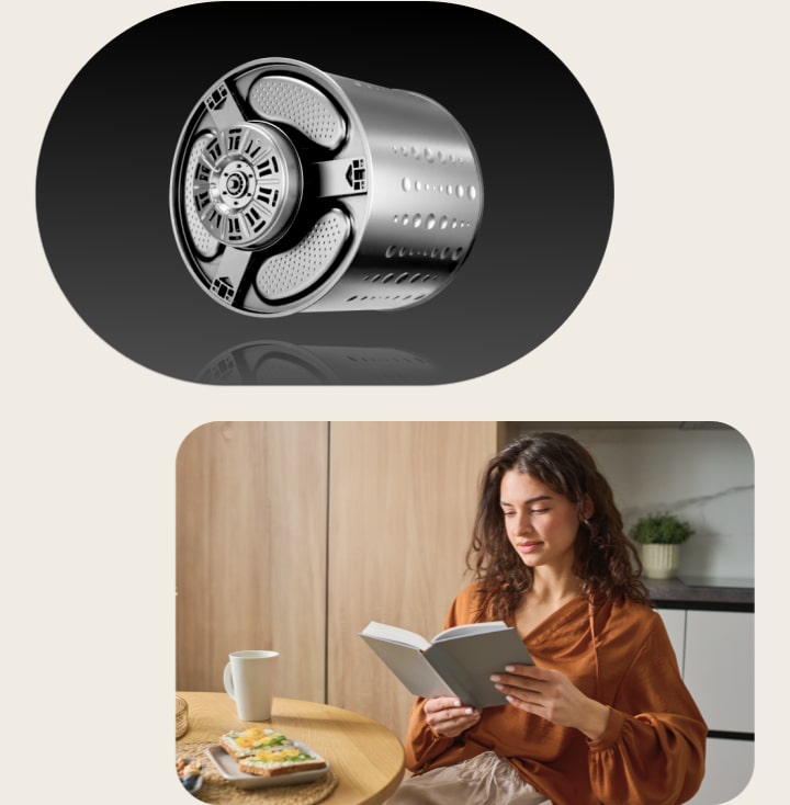 มอเตอร์ LG Inverter Direct Drive™ ที่มีภาพผู้หญิงกำลังอ่านหนังสือและคุณแม่กับลูกน้อยที่กำลังหลับ