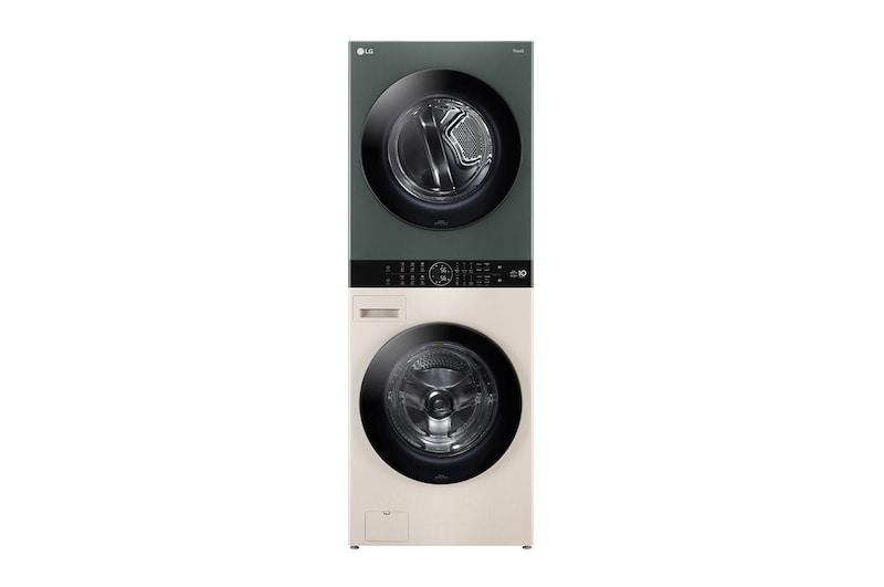 มุมมองด้านหน้าของ Wash Tower รุ่น WT2520NHEG ระบบ AI DD™ ความจุเครื่องซักผ้า 25 กก./ เครื่องอบผ้า 20 กก. พร้อม Smart WI-FI control ควบคุมสั่งงานผ่านสมาร์ทโฟน WT2520NHEG