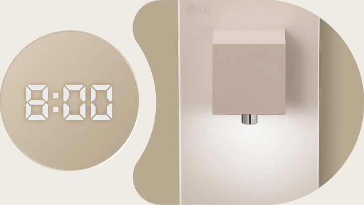 The alarm light on the LG water purifier turns on at 8 o'clock.