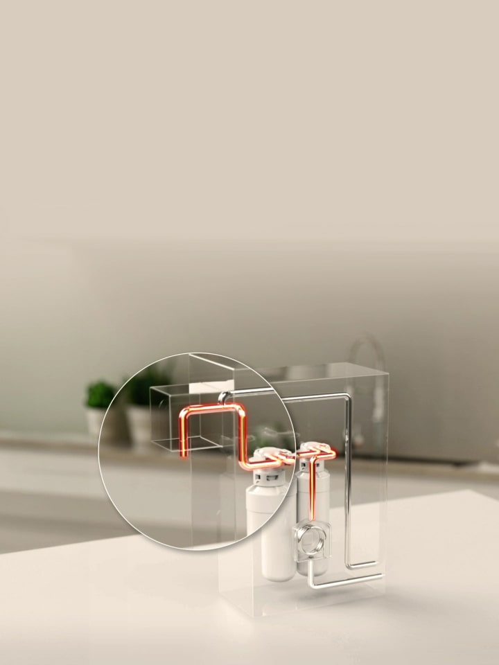 Stainless-steel pipes and outlets inside the LG water purifier are sterilized at high temperatures.