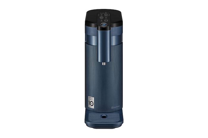 มุมกดด้านหน้าของเครื่องกรองน้ำ LG PuriCare WD516AN.ACNPLMT สีน้ำเงิน มีปุ่มควบคุมที่ด้านบน จุดจ่ายน้ำอยู่ด้านหน้า