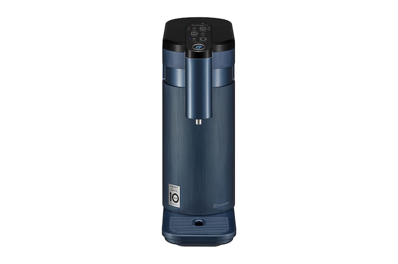 มุมกดด้านหน้าของเครื่องกรองน้ำ LG PuriCare WD516AN.ACNPLMT สีน้ำเงิน มีปุ่มควบคุมที่ด้านบน จุดจ่ายน้ำอยู่ด้านหน้า