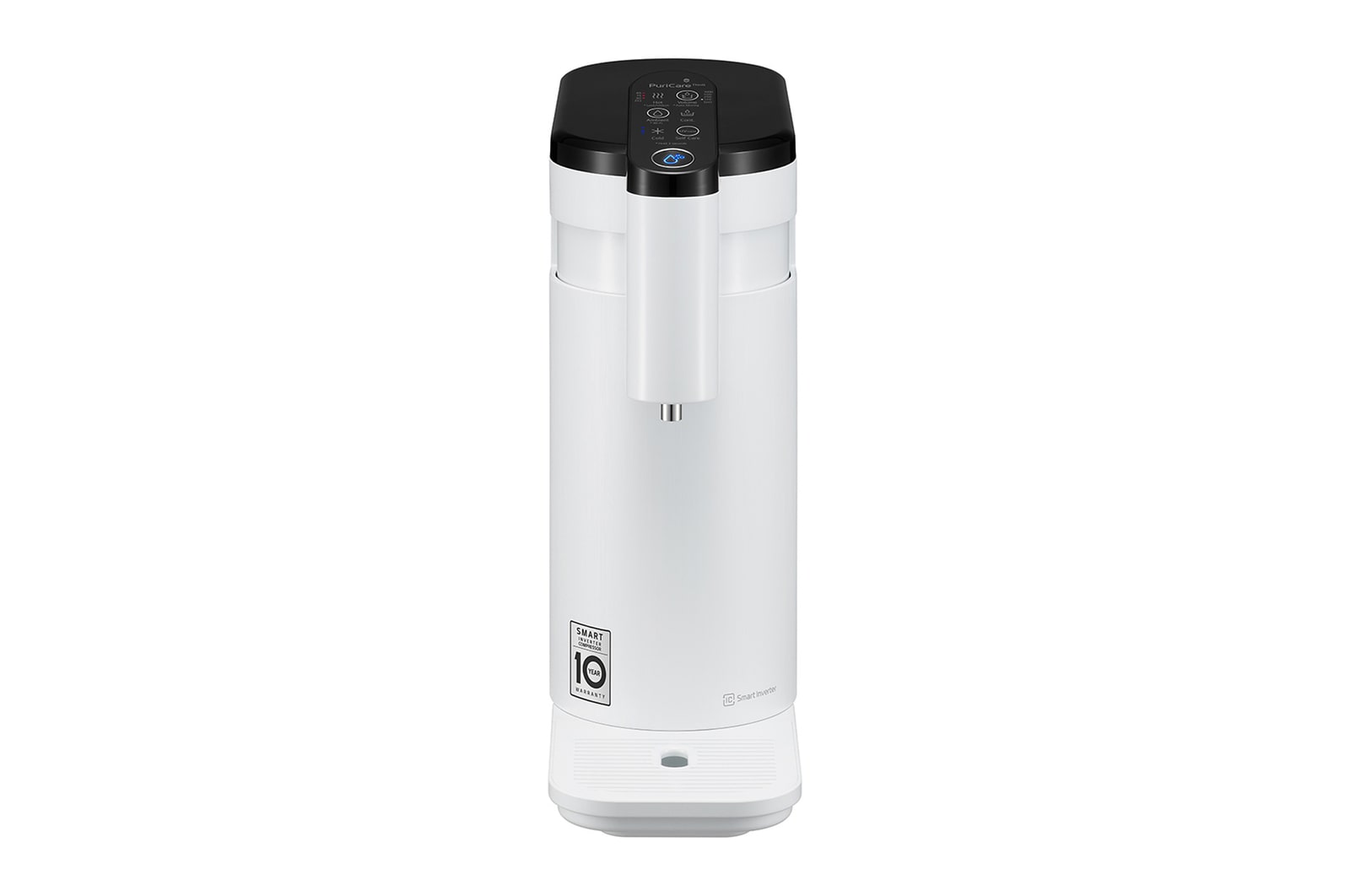 มุมกดด้านหน้าของเครื่องกรองน้ำ LG PuriCare WD516AN.AEWPLMT สีขาว มีปุ่มควบคุมที่ด้านบน จุดจ่ายน้ำอยู่ด้านหน้า