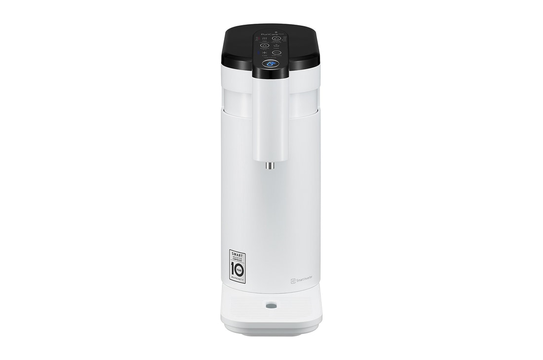 มุมกดด้านหน้าของเครื่องกรองน้ำ LG PuriCare WD516AN.AEWPLMT สีขาว มีปุ่มควบคุมที่ด้านบน จุดจ่ายน้ำอยู่ด้านหน้า
