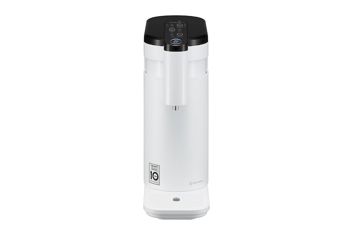 มุมกดด้านหน้าของเครื่องกรองน้ำ LG PuriCare WD516AN.AEWPLMT สีขาว มีปุ่มควบคุมที่ด้านบน จุดจ่ายน้ำอยู่ด้านหน้า