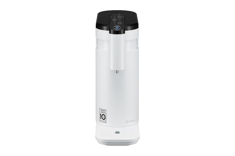 มุมกดด้านหน้าของเครื่องกรองน้ำ LG PuriCare WD516AN.AEWPLMT สีขาว มีปุ่มควบคุมที่ด้านบน จุดจ่ายน้ำอยู่ด้านหน้า