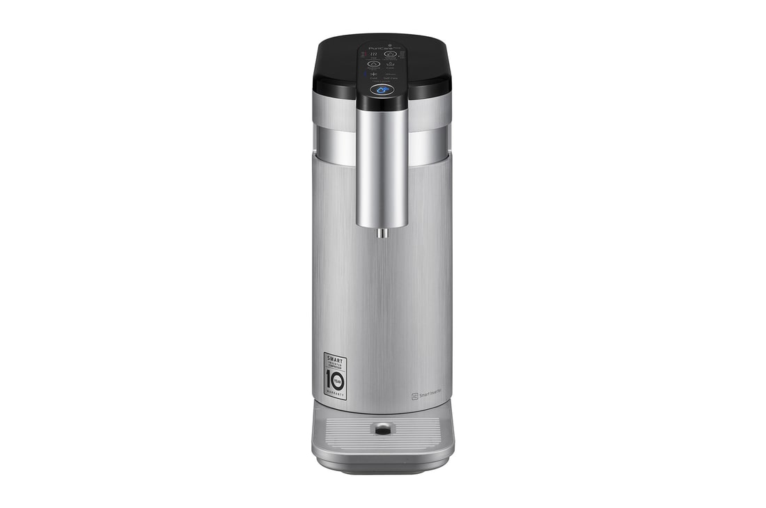 มุมกดด้านหน้าของเครื่องกรองน้ำ LG PuriCare WD516AN.ASLPLMT สีเงิน มีปุ่มควบคุมที่ด้านบน มีจุดจ่ายน้ำที่ด้านหน้า
