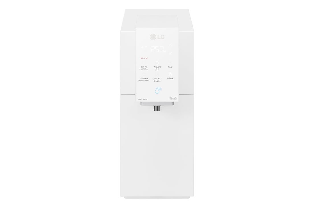 มุมมองด้านหน้าของเครื่องกรองน้ำ สีขาว  LG PuriCare Objet Collection รุ่น WD518AN.AWHPLMT