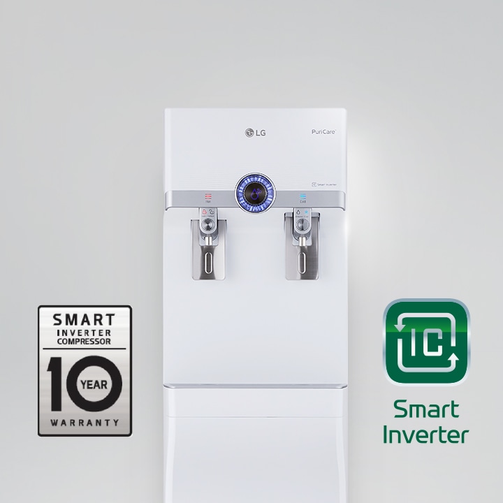 เครื่องกรองน้ำ LG PuriCare พร้อมปั๊มอัจฉริยะ ข้างซ้ายมีสัญลักษณ์รับประกัน และ Smart Inverter.