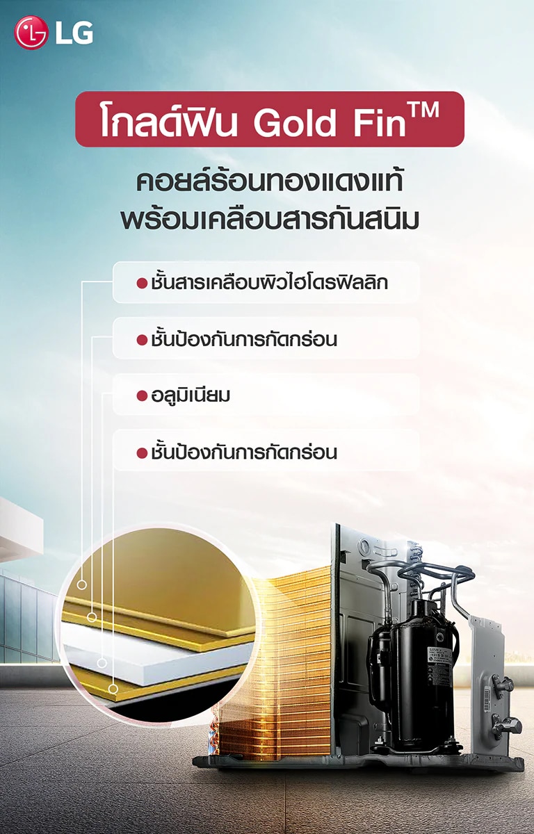 คอยล์ร้อนในแอร์ตัวนอกของแอร์ LG ใช้ทองแดงแท้ ทนทาน และเคลือบสารกันสนิม Gold Fin