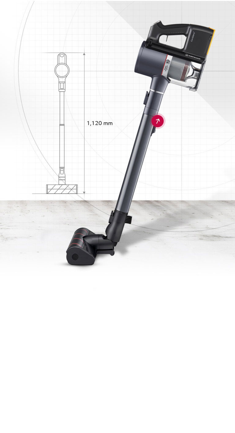 เครื่องดูดฝุ่นไร้สาย LG CordZero ที่วางบนพื้นขัดมันสีขาว มีภาพวาดแสดงเพื่อระบุขนาดตัวเครื่อง 1,120 มม. .