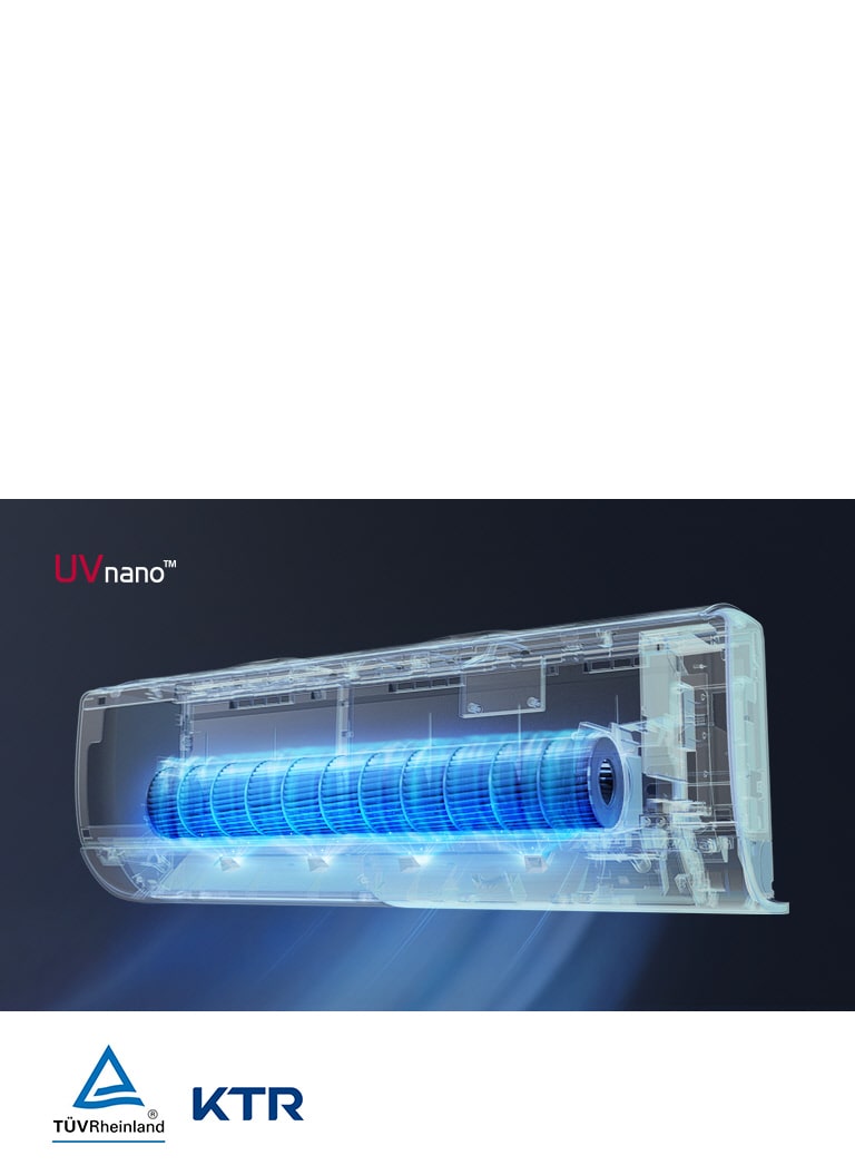 ด้านในของระบบกรอง UVnano ที่แสดงให้เห็นพร้อมกับฉากหลังที่เป็นสีดำ เพื่อให้แสดงไฟ UV สว่างออกมาจากด้านใน ตัวกรองอากาศผ่านจากด้านบนของเครื่อง แล้วเป่าออกด้านล่าง อ่าน UVnano ในด้านมุมบนซ้าย โลโก้ TUV Rheinland และโลโก้ KTR แสดงอยู่ถัดจากรูปภาพ