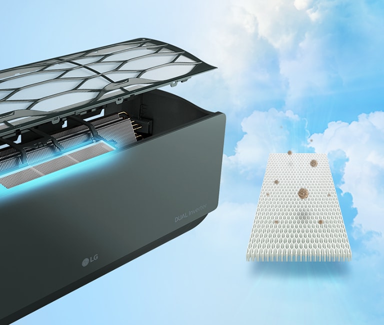 เครื่องปรับอากาศ LG มีช่องเปิดด้านบนเผยให้เห็นการตกแต่งภายใน มีไฟนีออนสีน้ำเงินเน้นที่ฟิลเตอร์ด้านใน ถัดจากเครื่องปรับอากาศคือแผ่นกรองที่มีฝุ่นจับ