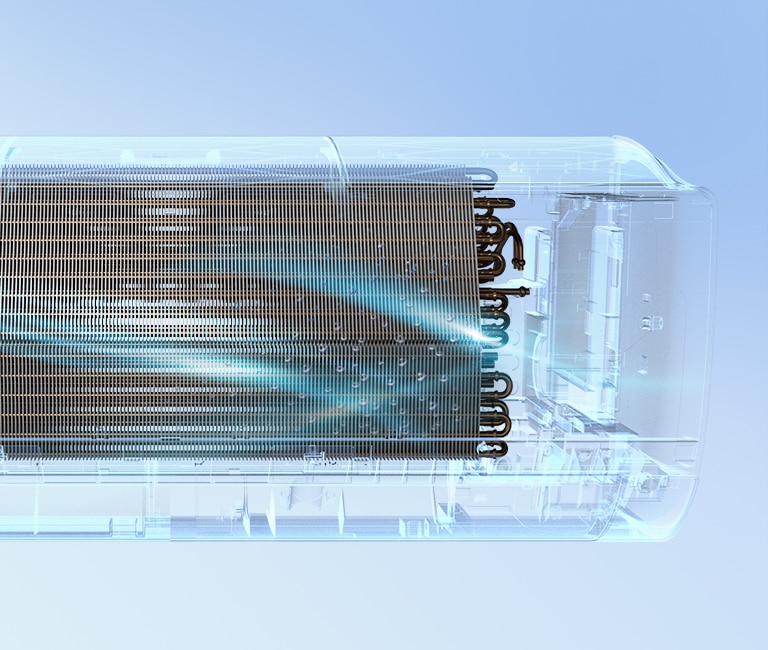 มุมมองด้านหน้าของเครื่องปรับอากาศ LG กับภายนอกที่มองไม่เห็นอย่างสมบูรณ์เพื่อให้สามารถมองเห็นการทำงานภายในของเครื่องได้ เครื่องกำลังทำงาน จากนั้นไฟสีฟ้าซึ่งเป็นกลไกการทำความสะอาดอัตโนมัติจะเปิดขึ้นและล้างผ่านเครื่องด้วยไฟสีฟ้า