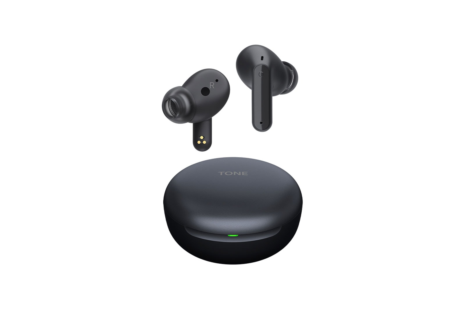 Imagen con auriculares LG TONE Free flotando sobre una base de carga abierta.