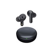 Imagen con auriculares LG TONE Free flotando sobre una base de carga abierta.