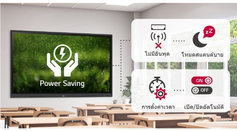 หากไม่มีอินพุตในช่วงเวลาหนึ่ง ก็จะเปลี่ยนเป็นโหมดสแตนด์บาย และสามารถเปิดหรือปิดเครื่องโดยอัตโนมัติด้วยการตั้งเวลา ซึ่งจะช่วยประหยัดพลังงาน