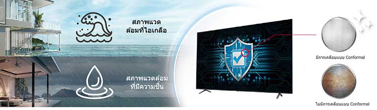 ทีวีรุ่น UM660H / UM662H มีการเคลือบแบบ Conformal บนแผงวงจรเพื่อปกป้องทีวีแม้อยู่ในสภาพแวดล้อมที่มีไอเกลือหรือมีความชื้นสูง