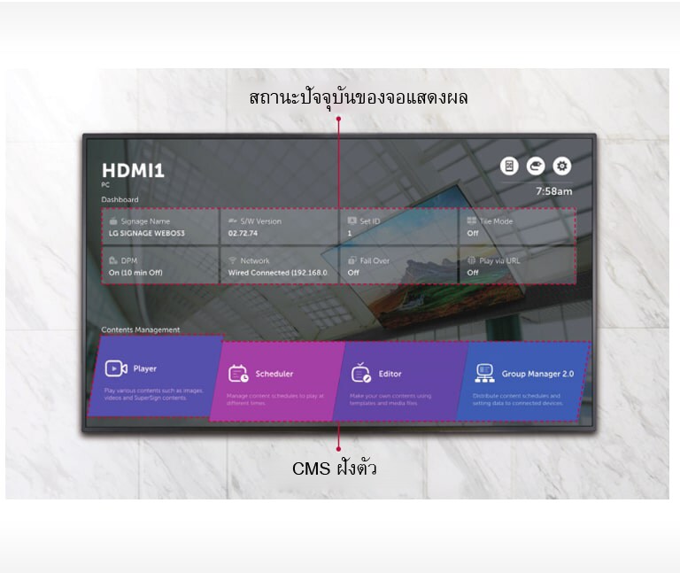 WP402 มีเมนูหลักที่แสดงสถานะปัจจุบันของจอแสดงผลและ CMS แบบฝัง
